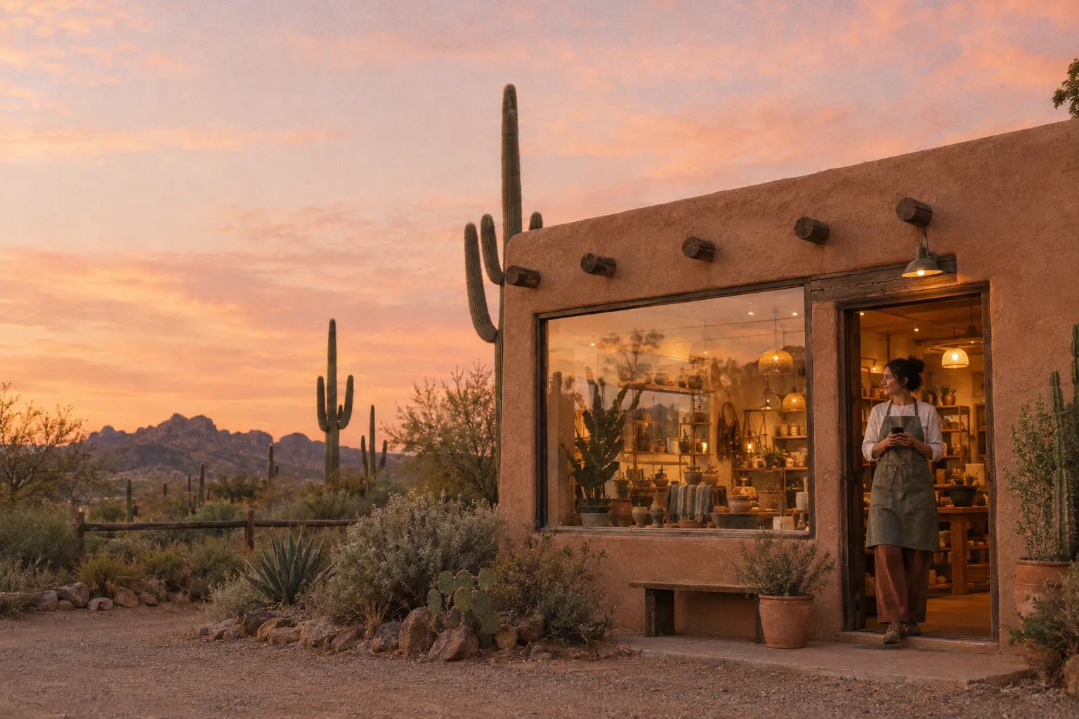 A local adobe storefront glowing at dusk with saguaro cacti behind it and the owner in the doorway holding a phone