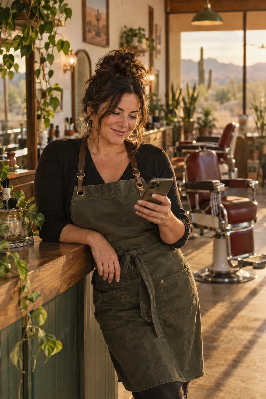 Local salon owner checking a phone at her counter