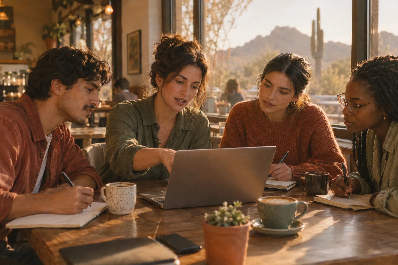 Small business team learning together around a laptop